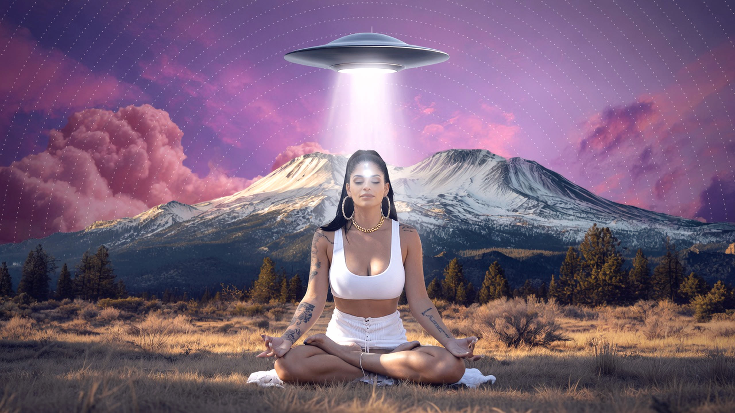 Gayle Fuller in meditation before Mount Shasta, a craft above her